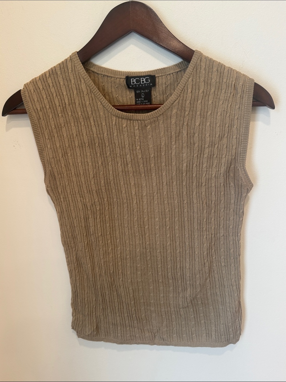 BCBG Max Azria 100% Silk Tan Beige Cable Knit Tank Top L